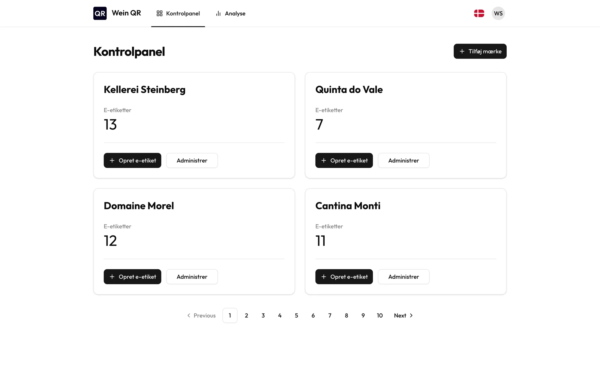 Wein QR-dashboard med brands og antal e-etiketter