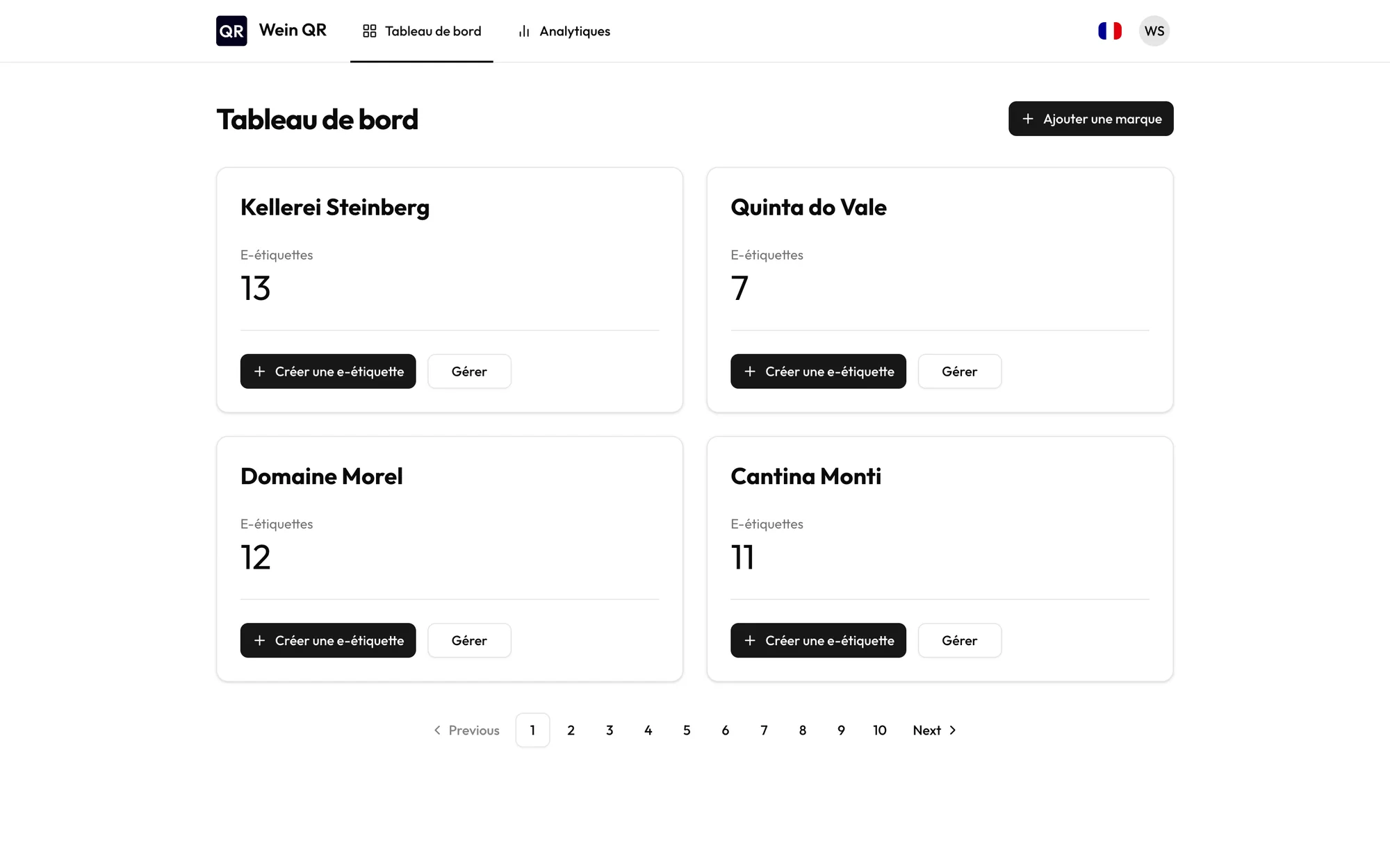 Tableau de bord Wein QR avec les marques et le nombre d’e-étiquettes