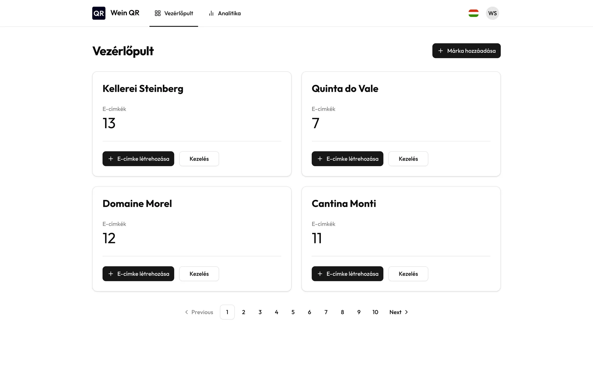 Wein QR irányítópult márkákkal és az e-címkék számával
