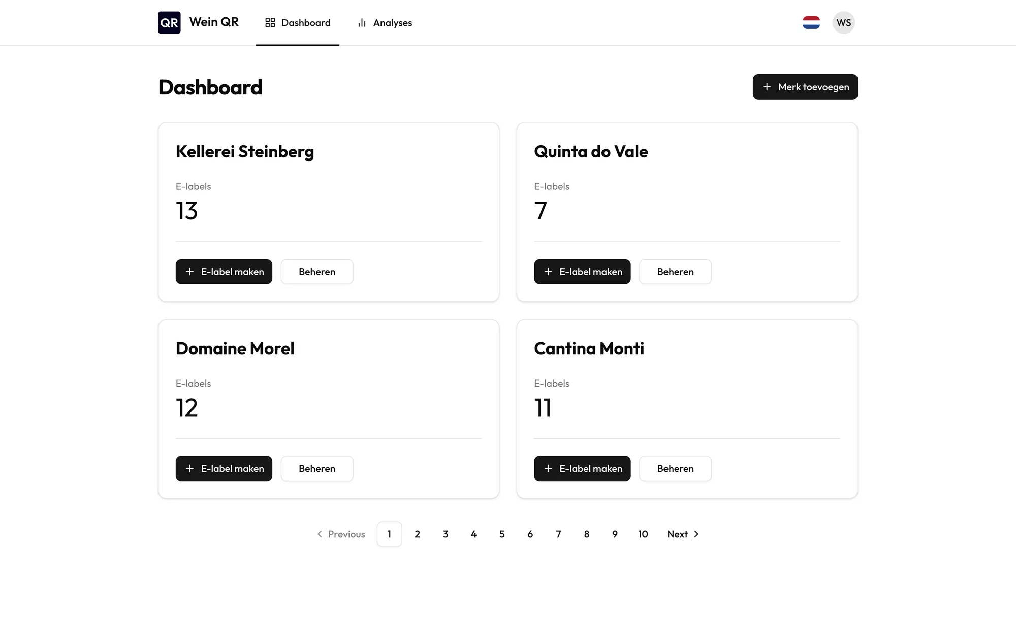 Wein QR-dashboard met merken en aantal e-labels