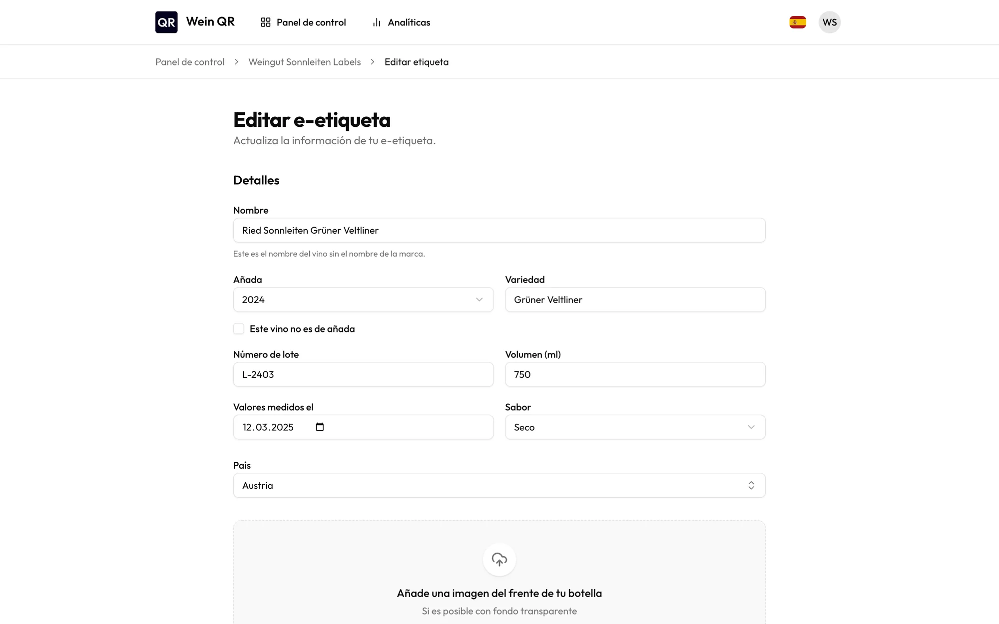 Formulario para editar una e-etiqueta con los detalles del vino