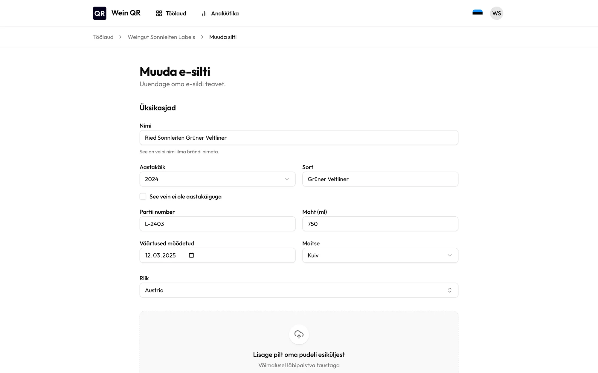 E-etiketi muutmise vorm veini andmetega
