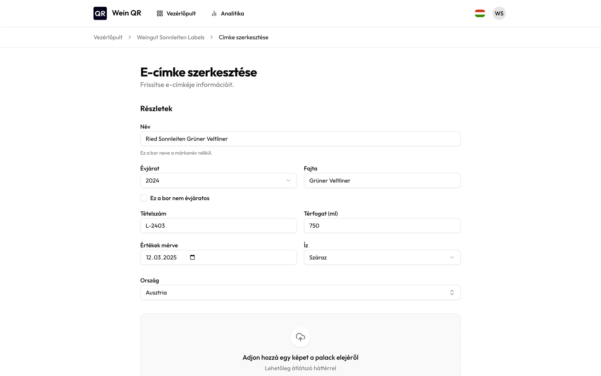 Űrlap egy e-címke szerkesztéséhez a bor adataival