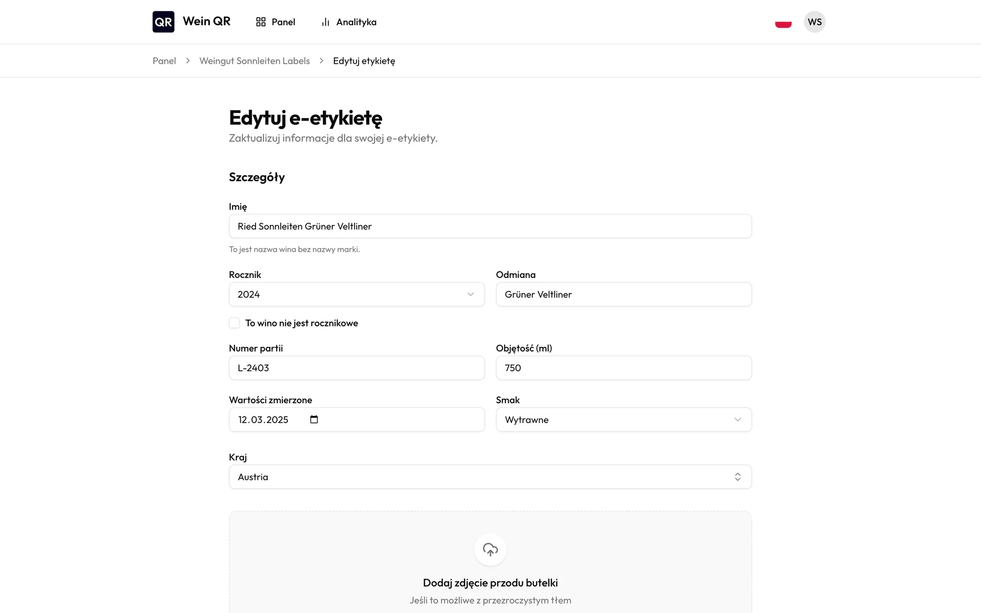 Formularz edycji e-etykiety ze szczegółami wina
