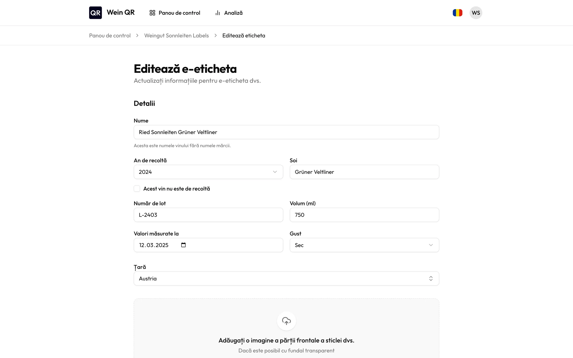 Formular pentru editarea unei e-etichete cu detalii despre vin