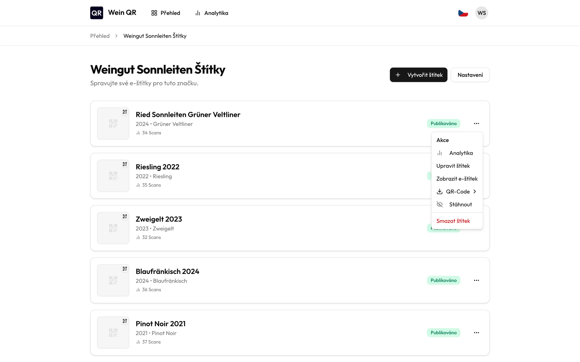 Seznam e-etiket s otevřenou nabídkou stažení QR kódu