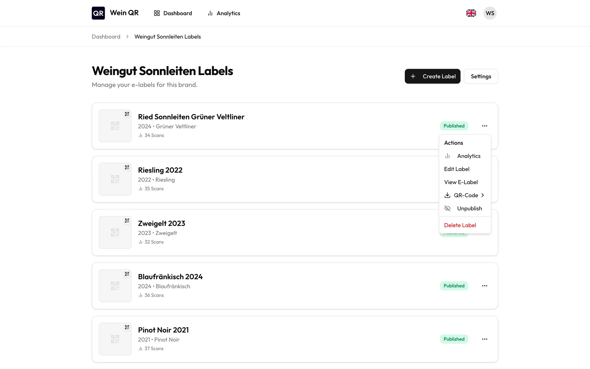 List of e-labels with the menu for QR code download open