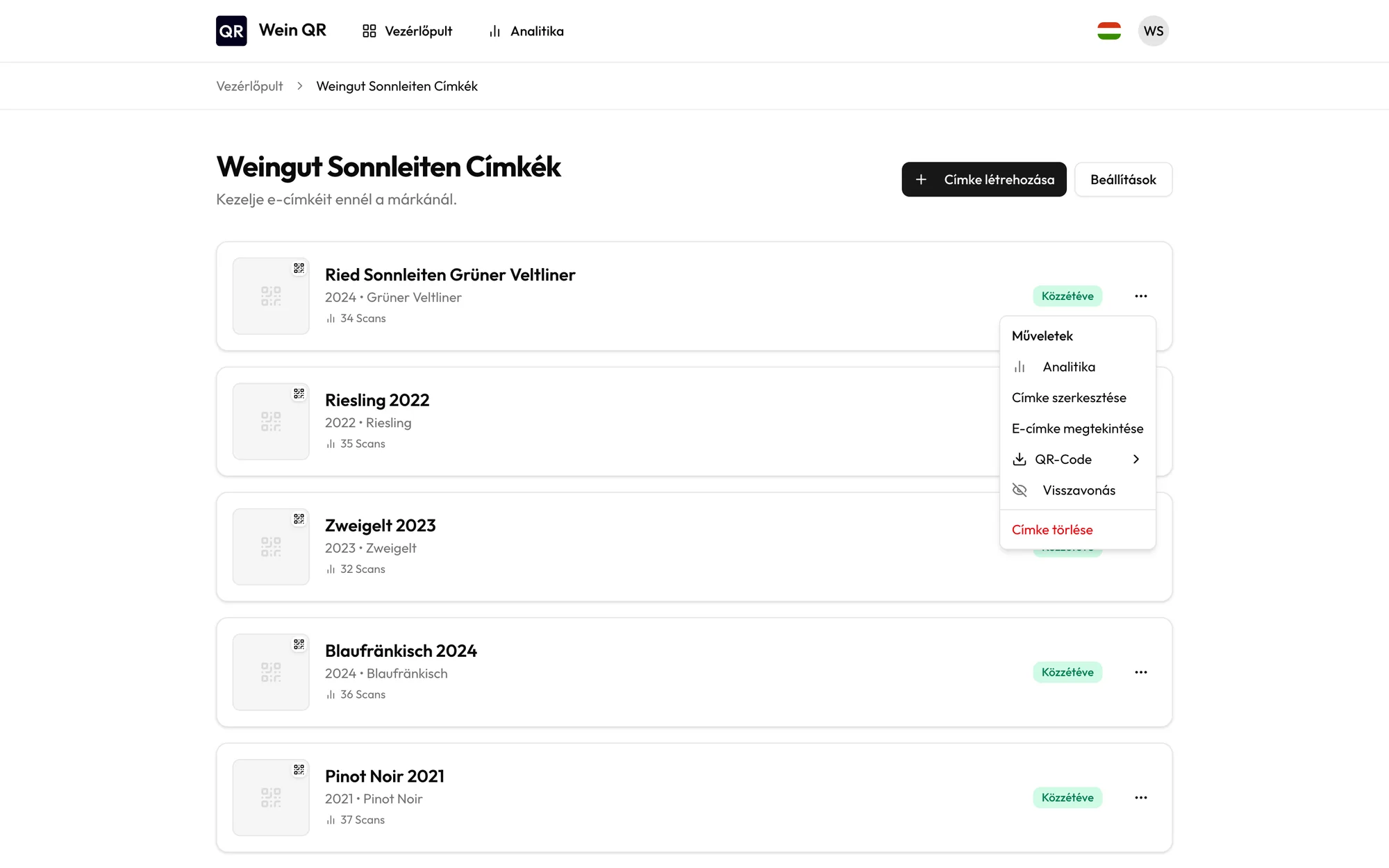 E-címkék listája a QR-kód letöltési menüjével megnyitva