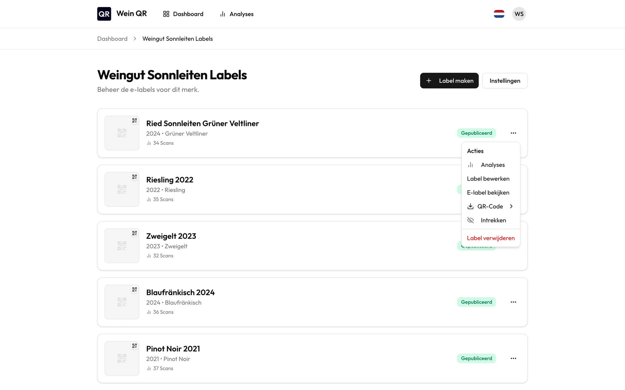 Lijst van e-labels met het menu voor QR-codedownload geopend